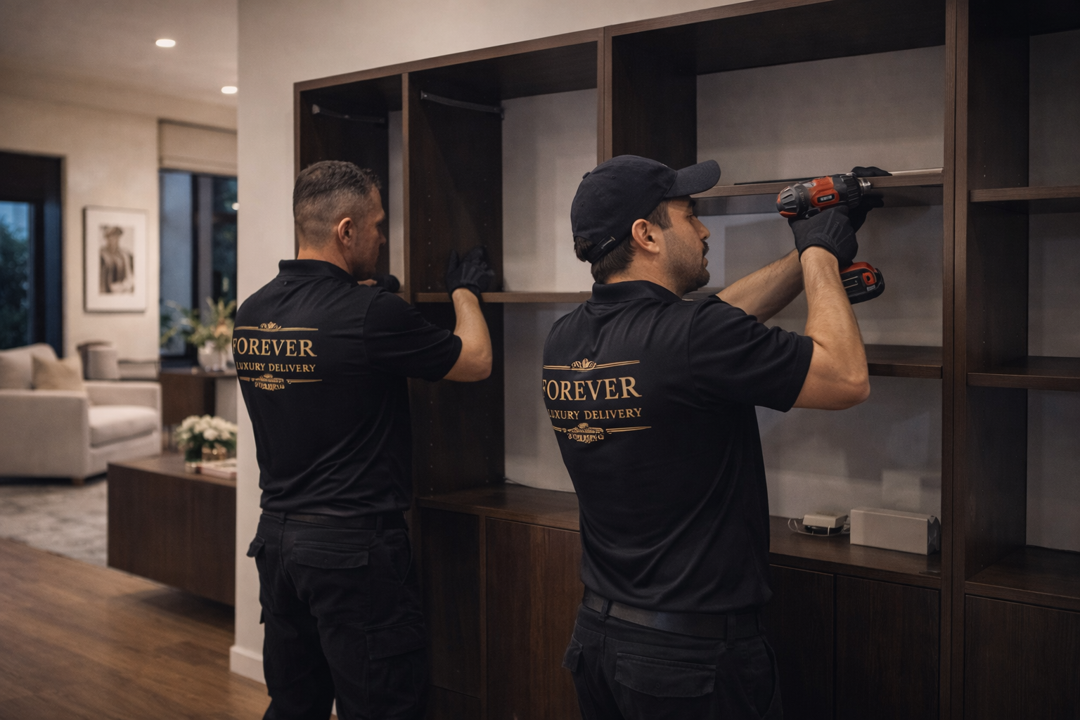 Technician assembling modular shelving unit